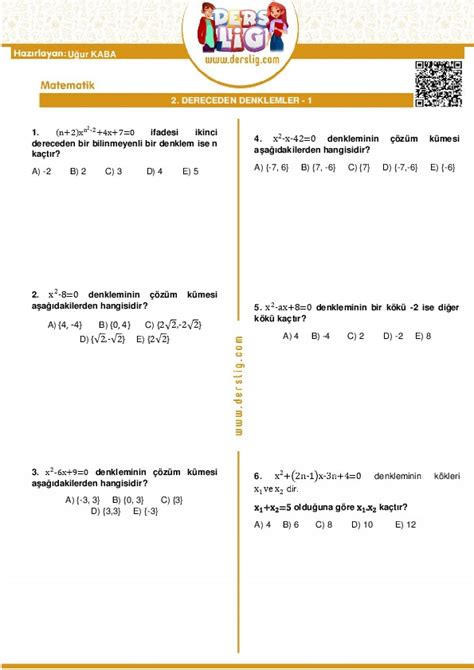 10 sınıf 2 dereceden denklemler test pdf
